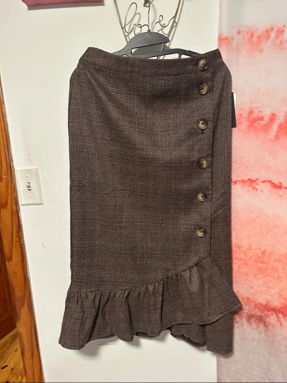 High-Low Brown Plaid Ruffle Hem Skirt with Side Button Detail - Picture 1 of 6